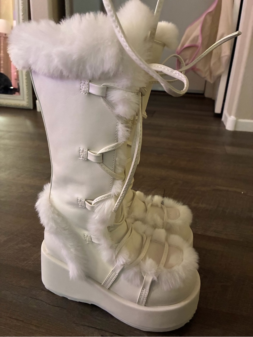 White Faux Fur Platform Lace-Up Boots